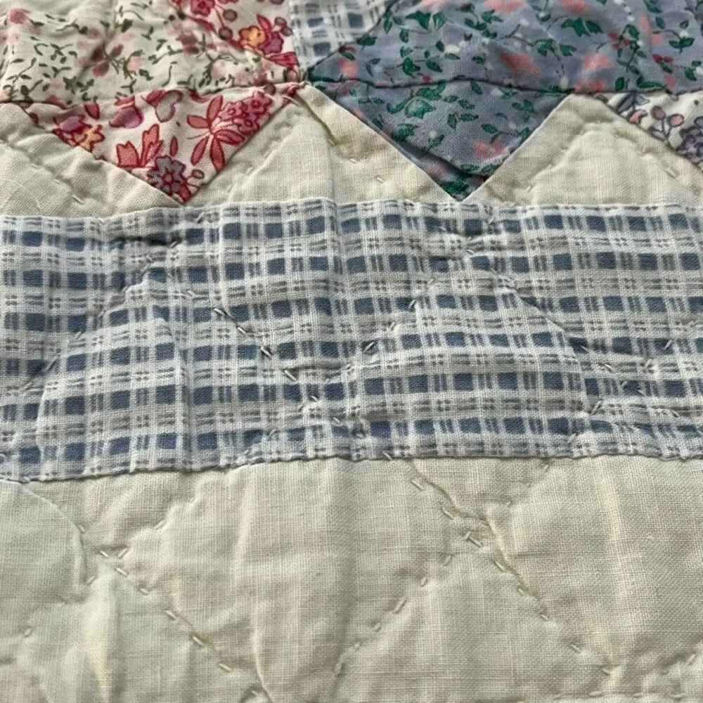 Antique Flour Sack Blue Red Patchwork Handmade Quilt 79